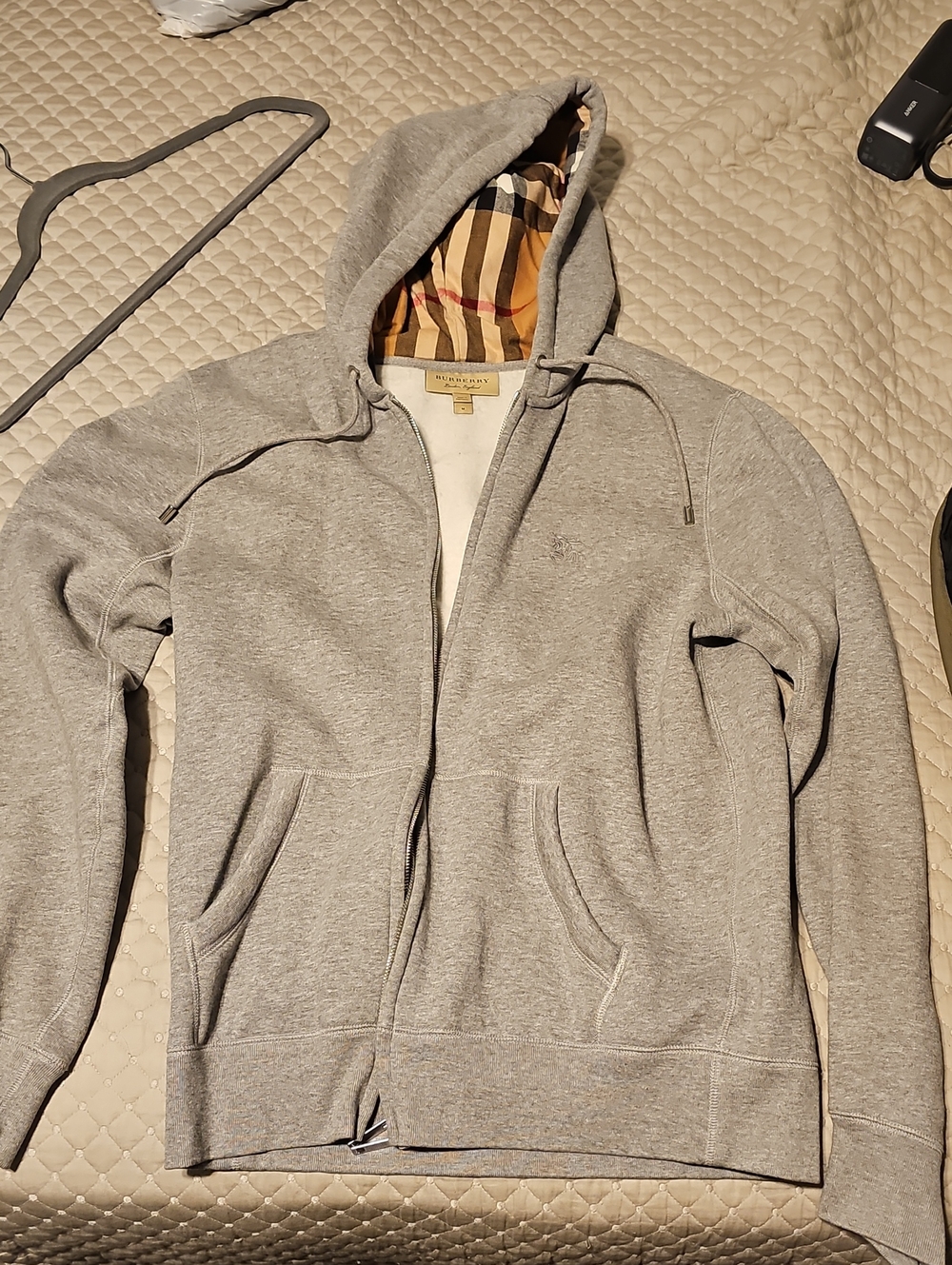 Burberry Light Gray Men’s Hooded Zip Sweater with Check Lining